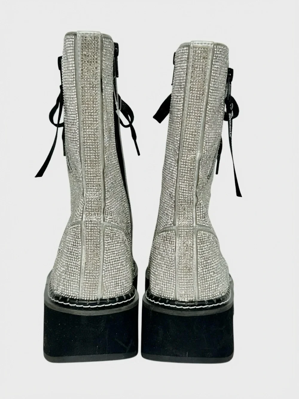 Demonia Emily-362 Silver Rhinestone Platform Combat Boots